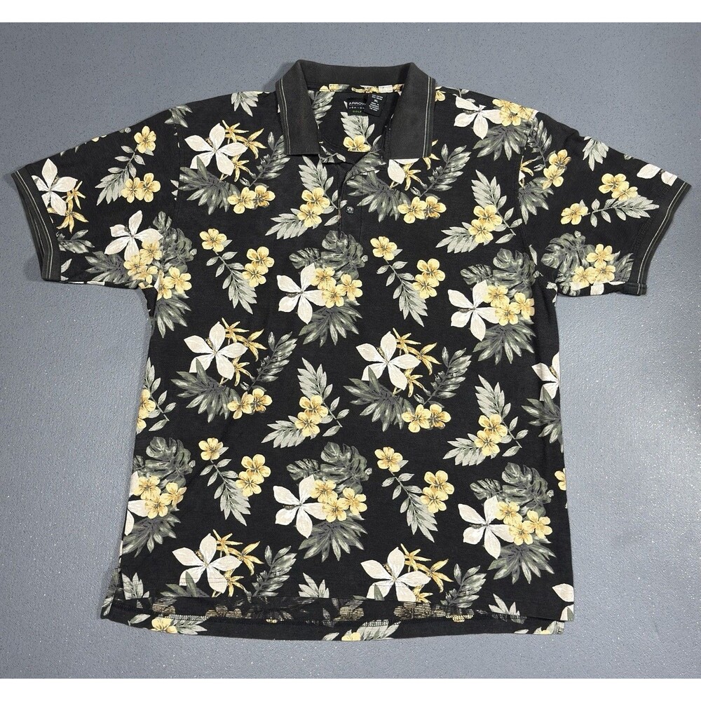 Arrow USA 1851 Golf Polo Shirt Mens XL Black Floral Hawaiian Rayon Blend